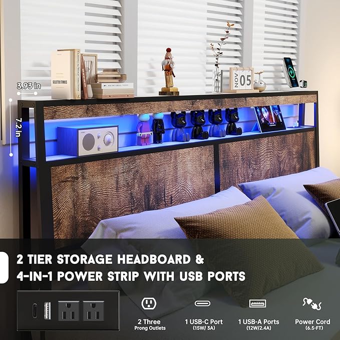 King Size Bed Frame with 4 Storage Drawers and Headboard with Charging Station and LED Lights,2 Tier Solid Wood Headboard Storage,Noise Free,Easy Assembly, Vintage Brown