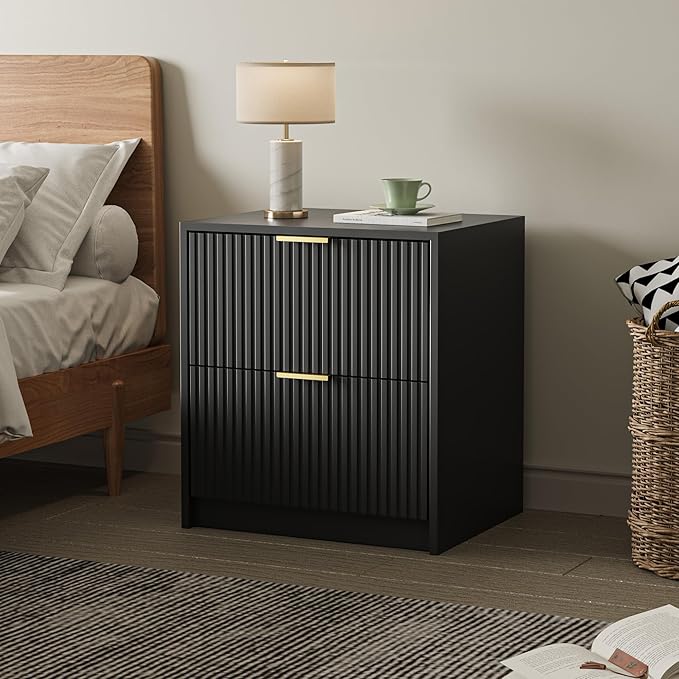 Set of 2 Fluted Nightstand with 2 Drawers, Modern Storage Bedside Table with Golden Metal Handles, Wooden End Table for Bedroom, Black