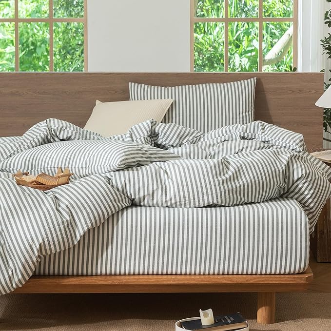 MooMee Striped Duvet Cover Set 100% Washed Cotton Linen Like Textured Breathable Durable Soft Comfy (Heathered Green Classic Stripes, Queen 90"x90")