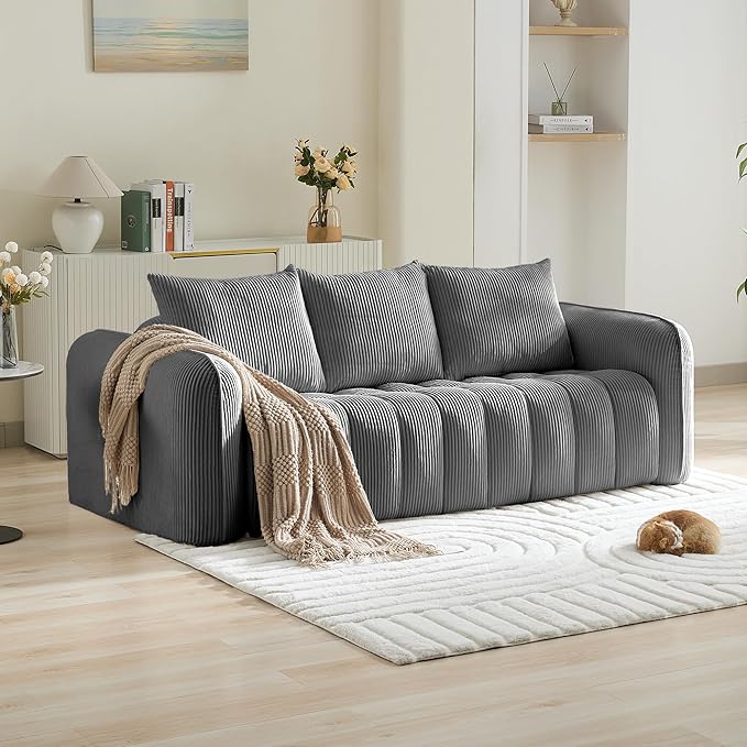 83'' Boneless Corduroy Sofa, Oversized 3 Seater Deep Seat Couch with Rounded Armrest, Modern Upholstered Cloud Sofa for Living Room, No Assembly, Grey