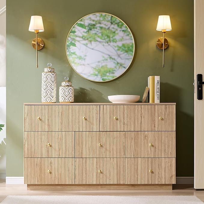 Fluted Dresser for Bedroom, 55" W 8 Drawer Dressers, Wood Tall Dresser Storage Organizer, Modern Bedroom Chest of Drawers with Deep Storage for Closet Hallway, Entryway, Living Room Natural