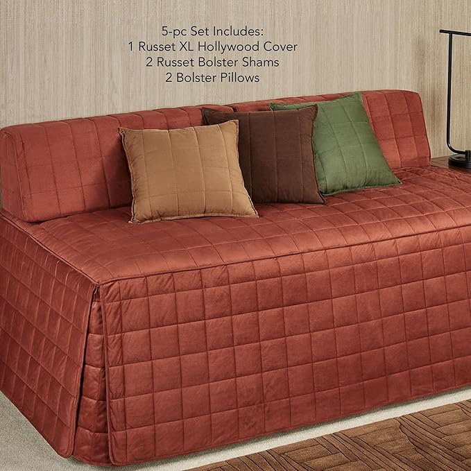 Camden Luxury Bedding | Warm Russet Color | Fitted Hollywood Daybed Bedding | Faux Suede Box Quilted Design | 5 Piece Set Includes Extra Long Hollywood Cover, 2 Bolster Shams, and 2 Bolster Pillows
