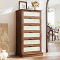 6 Drawer Dresser for Bedroom, 50 Inch Tall Dressers & Rattan Chest of Drawers, Mid Century Style, Wood Modern Dressers Organizer for Bedroom, Living Room, Hallway, Entryway, Walnut