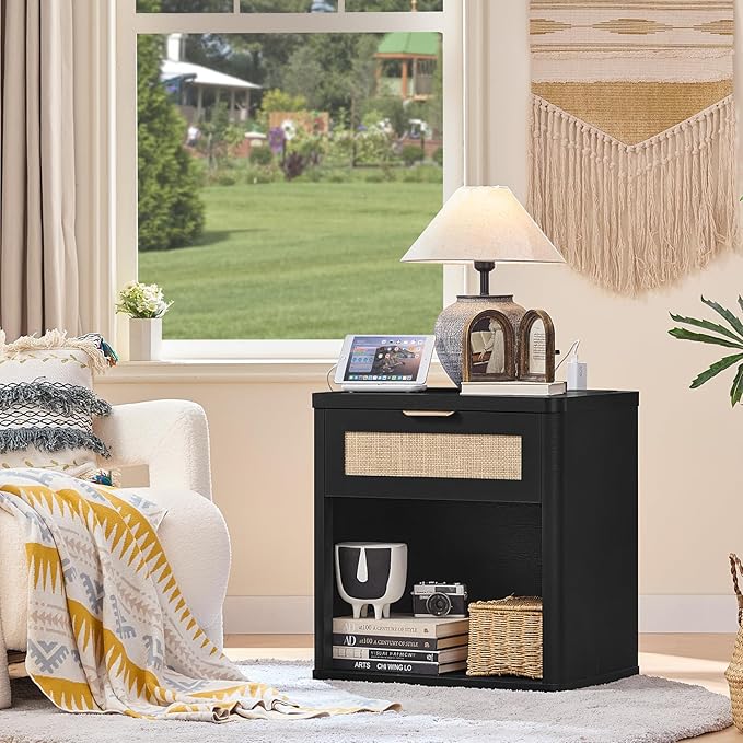 LEYAOYAO Rattan Nightstand with Charging Station, Black Night Stand with Drawer, 23" Wide Boho Bedside Table with Storage Shelf, Bed Side End Tables for Bedroom, Living Room, Hallway