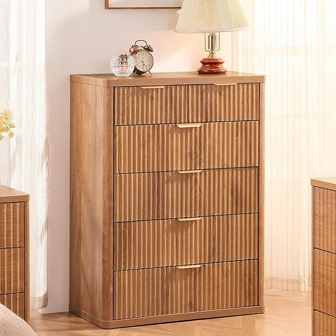 LEYAOYAO 42" Tall Fluted Dresser and 3 Drawers 23" Nightstand Set of 2, Wooden Dresser & Night Stand with Charging Station, 3 Piece Bedroom Furniture Set, Wood Chest of Drawer for Living Room,Brown