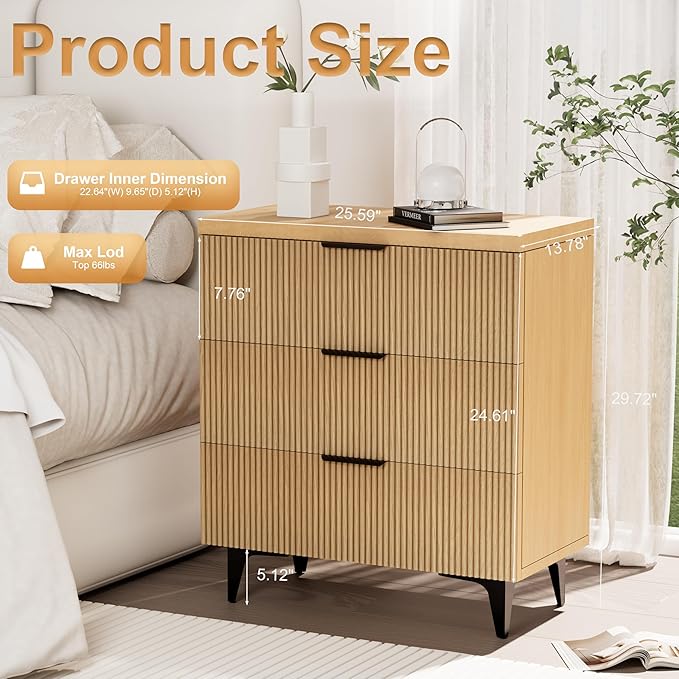 Royal Windsor Fluted Nightstand with 3 Drawers, Side Table End Table, Accent Storage Cabinet,Modern Night Stand Bedside Table for Bedroom,Natural Oak