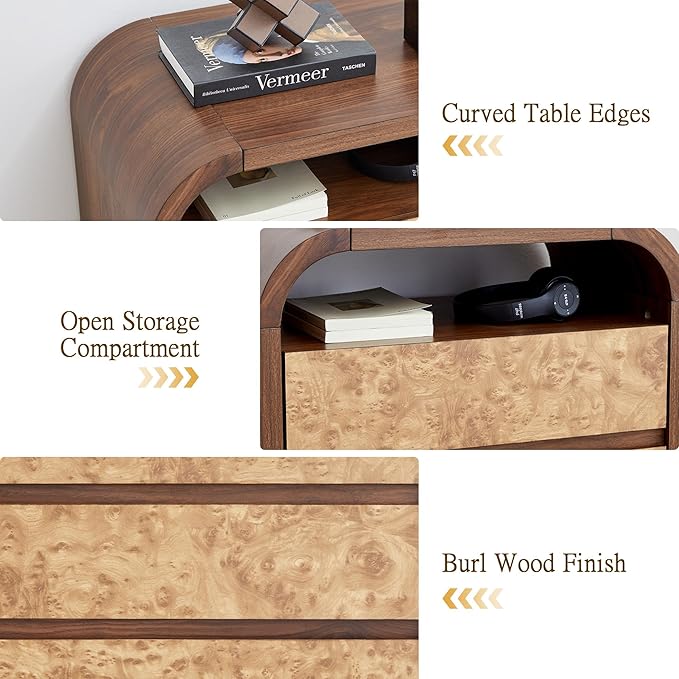 3 Drawer Dresser for Bedroom, Modern Chest of Drawers with Open Shelf, Burl Wood Tall Nightstand End Table for Living Room, Hallway (Walnut)
