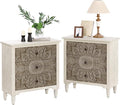 COSIEST 3 Drawers Nightstand Set of 2, Accent Dresser, 29'' Tall Wood Vintage Small Accent Chest, Bedside Table,Bedroom Furniture for Home, Entryway (Lotus Pattern)