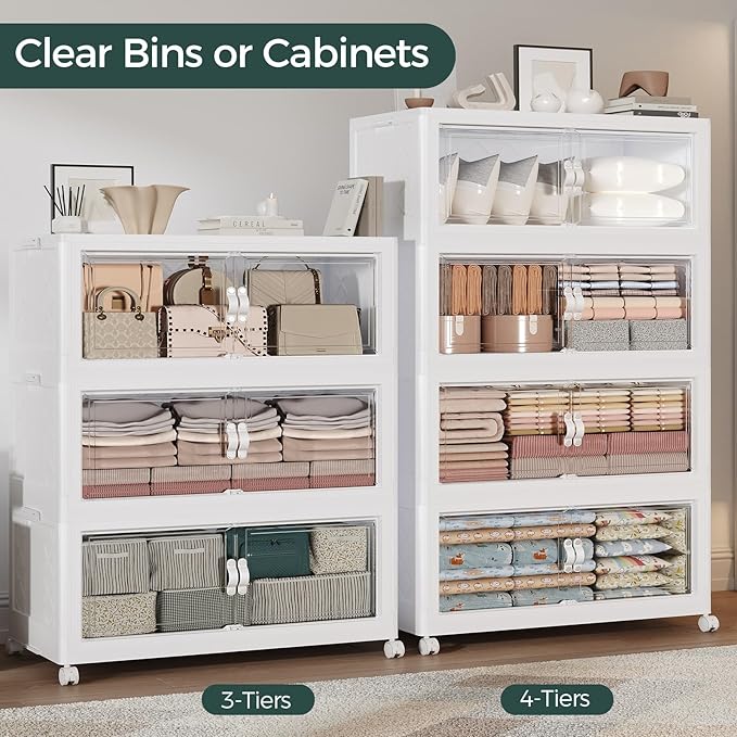 600QT Extra Large Stackable Storage Bins with Lid, 150Gal Collapsible Storage Box with Wheels and Doors, Plastic Closet Organizer and Storage Cabinet for Home Kitchen Office Dorm, 5Pack White