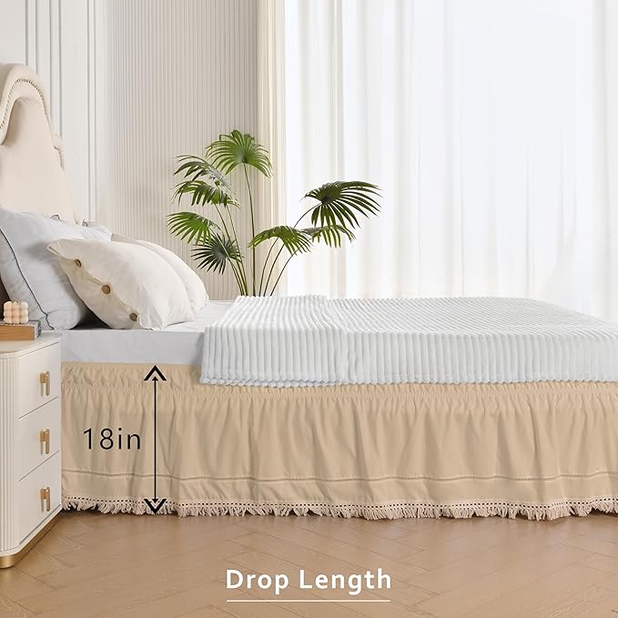 MIYE Wrap Around Ruffled Lace Bed Skirt, Elastic Dust Ruffle with Adjustable Belts, Easy to Put On, Bed Frame Cover, Machine Washable (Tassel Ruffle/Beige, Full/Twin-18 Drop)