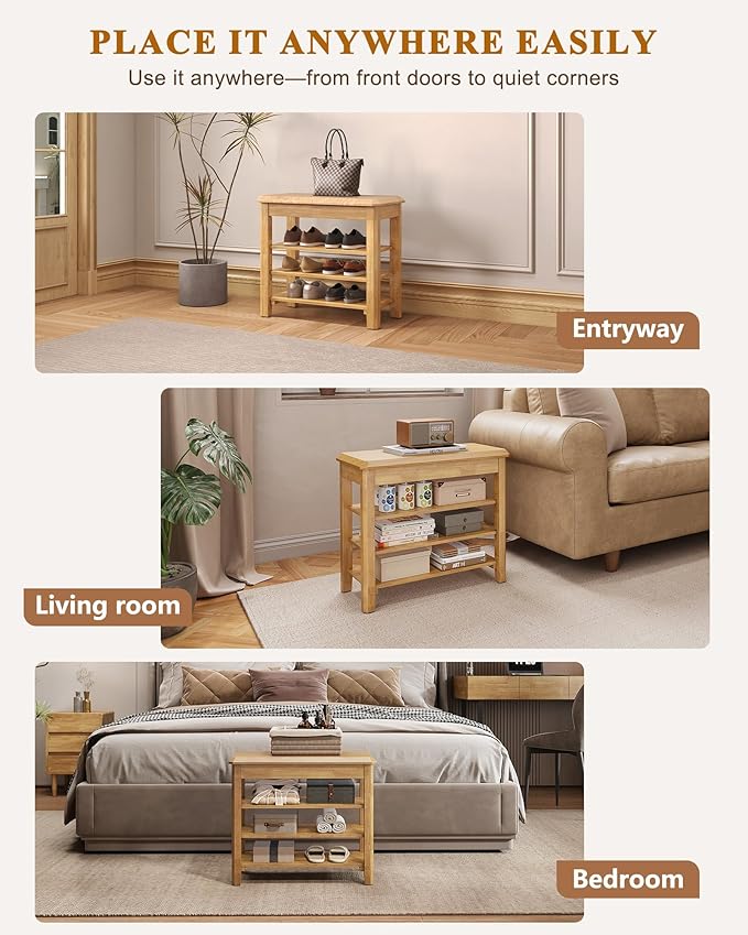Shoe Rack Bench Seat Rubberwood 3-Tier Wooden Storage Bench 550lbs Compact Mid-Century Modern Design for Entryway, Hallway, Closet, Front Door Entrance, Foyer