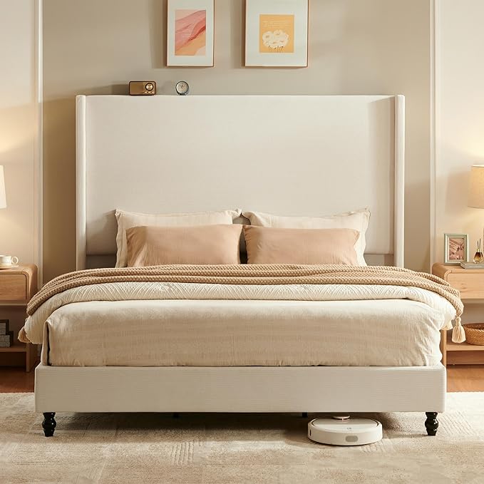 Queen Bed Frame with 63" Tall Headboard, Horizontal Fine Corduroy Bed Frame with Wingback, Upholstered Platform Bed, Vintage Solid Wood Gourd Legs, No Box Spring Needed, Cream