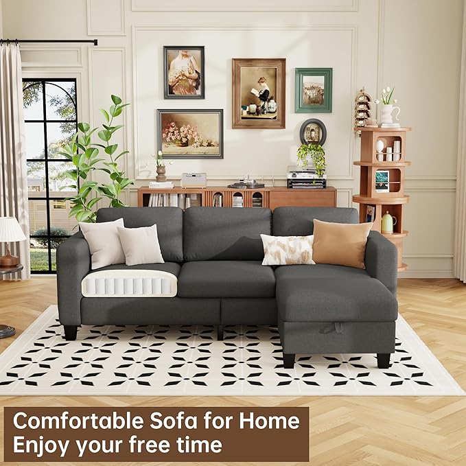 ZeeFu Sectional and Sofa Couches for Living Room - 78'' 3 Seater L-Shaped Modular Couch with Storage Ottoman - Modern Linen Fabric Upholstered Sofa Set for Small Space Apartment Office
