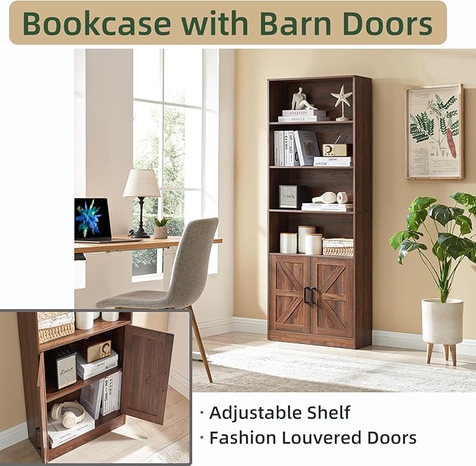 RWYHG 70in Tall Bookshelf 6 Tier Bookcase with Barn Doors and Adjustable Shelf, Brown Farmhouse Book Shelves with Storage Cabinet,Wood Floor Standing Display Bookshelve for Bedroom,Living Room,Kitchen
