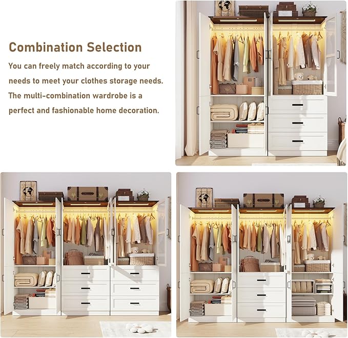 75" Tall Farmhouse 2 Doors Armoire Wardrobe Closet with LED,Freestanding Closet Wardrobe Cabinet for Bedroom with Hanging Rod,Wooden Armoire Storage Cabinet Adjustable(Rustic Off White)