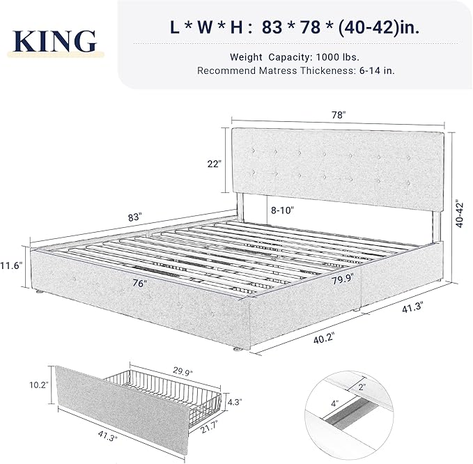 Allewie Upholstered King Size Platform Bed Frame with 4 Storage Drawers and Headboard, Square Stitched Button Tufted, Mattress Foundation with Wooden Slats Support, No Box Spring Needed, Dark Grey