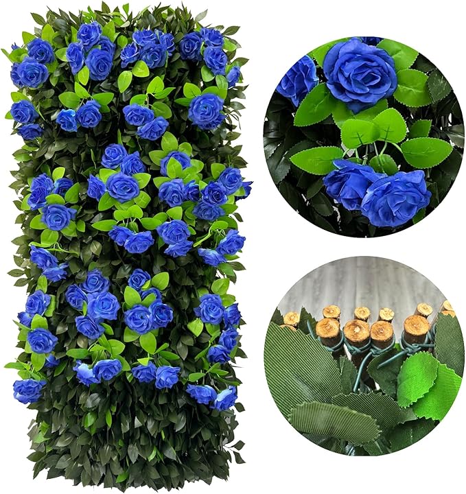 GLANT Expandable Fence Privacy Screen for Balcony Patio Outdoor,Decorative Faux Ivy Fencing Panel,Artificial Hedges (Single Sided Leaves) (4, Branches -Blue Rose)