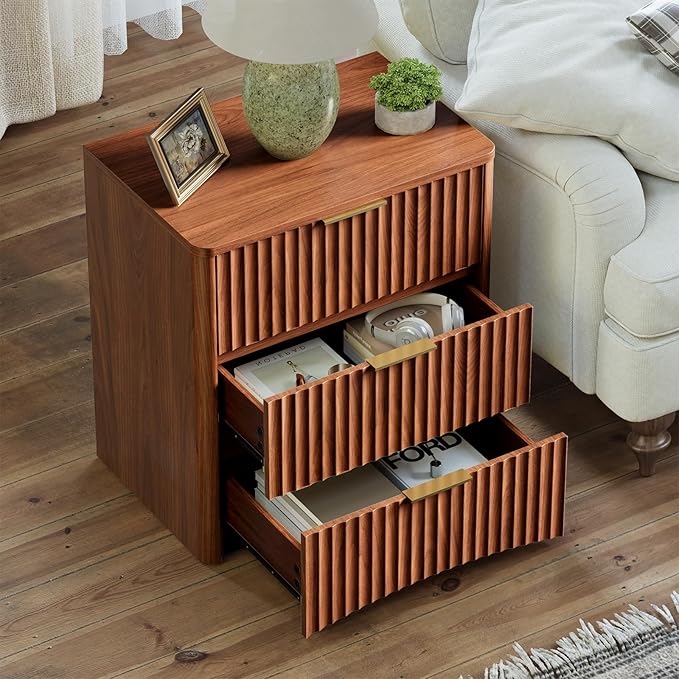 Evermagin Fluted Nightstand Set of 2, Walnut Bedside Table with 3 Drawers, Wood End Table with Storage Mid Century Modern, Large Night Stand for Bedroom