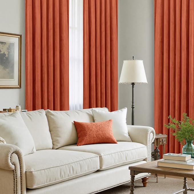 LAMIT Velvet Curtains 102 Inch for Living Room, Terracotta Thermal Room Darkening Panels Rustic Vintage Back Tab and Rod Pocket Drapes for Bedroom/Farmhouse/Dining Room, 2 Panels, 52 x 102 Inch