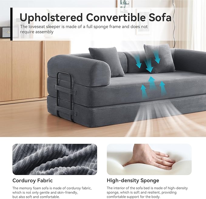Sofa Bed, Corduroy Sleeper Sofa Bed with Fixed Frame, Floor Sofa Lounge with Pillow, Convertible Folding Mattress Couch for Living Room, Bedroom, Lounge, Studio (Dark Grey)