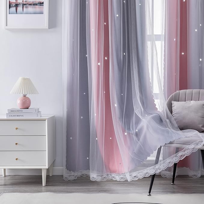 XiDi Curtains for Bedroom Decor, Rainbow Pink-Grey-34-90