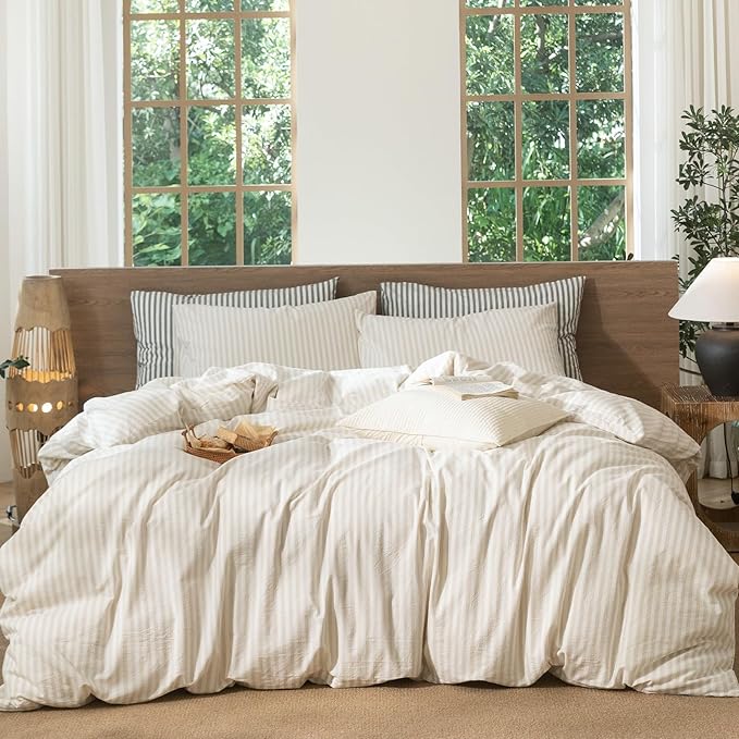 MooMee Striped Duvet Cover Set 100% Washed Cotton Linen Like Textured Breathable Durable Soft Comfy (Almond Milk Grey Classic Stripes, Full 80"x90")