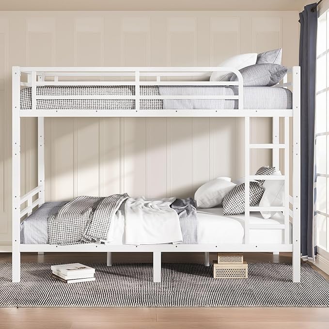 Full XL Bunk Bed Frame, Heavy Duty Metal Loft Bed for Adults/Teens, 350/500LB Capacity w/Ladder & Guardrail, Noise-Free Steel Slats, No Box Spring Required, White