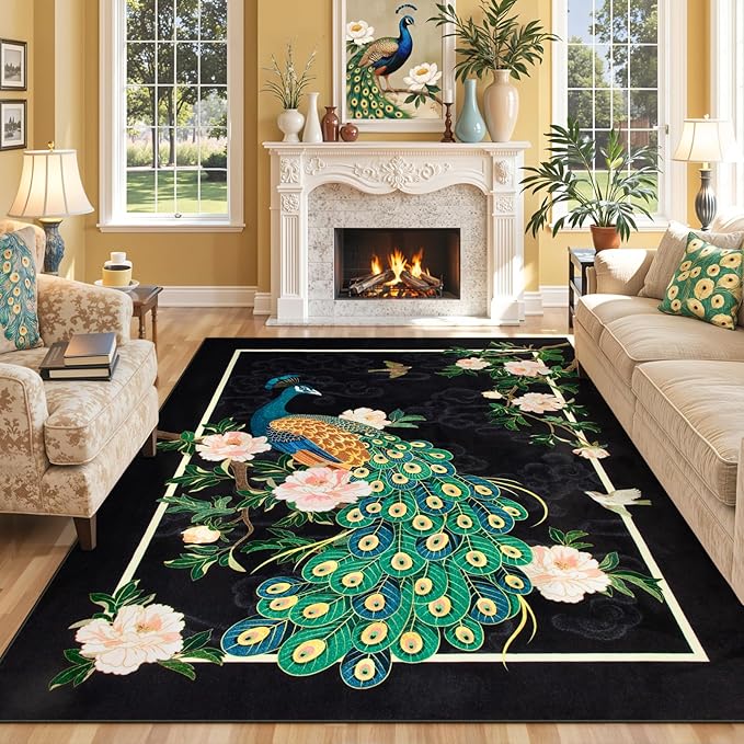 Lahome Peacock Washable Rugs 5x7, Soft Black Rug for Living Room Bedroom, Floral Vintage Non-Slip Low Pile Stain Resistance Carpet for Farmhouse Dining Room Office, Black