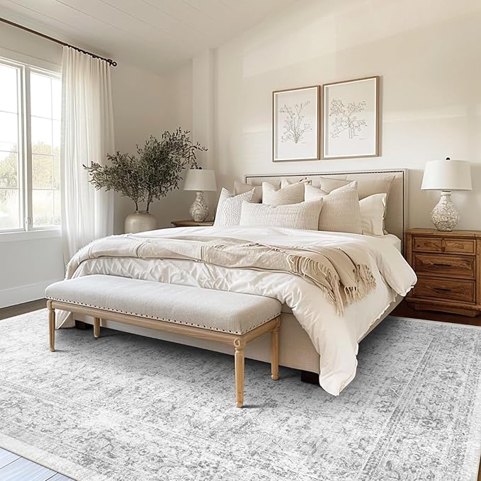 8x10 Area Rugs for Living Room, Non-Slip Backing Washable Rug 8x10, Grey Large Area Rug Soft Carpet for Bedroom Dining Room, Vintage Floral, Easy Clean, Durable, Low Pile Rug Under Table