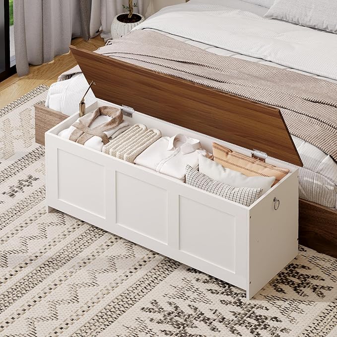 HOOBRO Storage Bench, 47.2" Retro Wooden Storage Chest, Wooden Storage Trunk, Toy Chest with Lift Top, Multifunctional Entryway Organizer, for Entryway, Living Room, White and Walnut WH412CW01