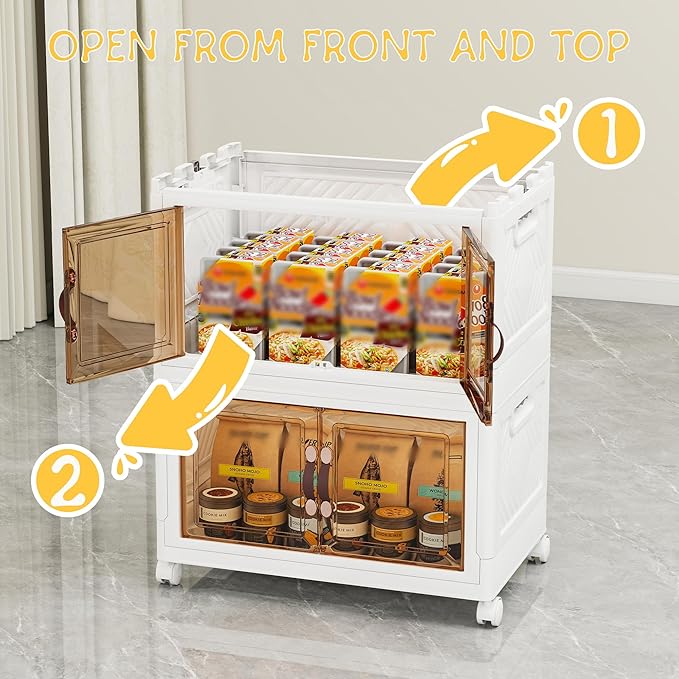 Storage Bins with Lids and Wheels, 90QT-45QT*2Tier Collapsible Bathroom Storage Cabinet with Clear Doors, Plastic Stackable Closet Organizers and Containers White
