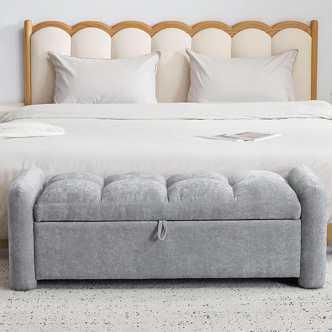 Oversized Chenille Ottoman Bench with Storage, Upholstered End of Bed Bench for Bedroom, Ottoman Foot Rest for Living Room, Light Grey