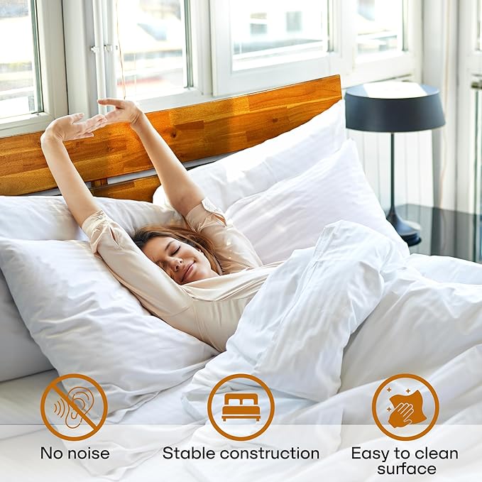 Acacia Aurora 800 lbs Capacity Queen Bed Frame and Headboard Solid Wood Platform Bed, Contemporary Signature Wood Bed Frame Compatible with All Mattress Types 30 Mins Assembly, Caramel