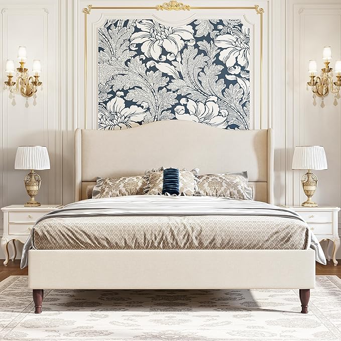 koorlian Full Size Bed Frame Upholstered Platform Bed with 51" Tall Headboard Wingback, Soft Fabric, Retro Simple Style Platform Bed No Box Spring Needed, Easy Assembly, Beige