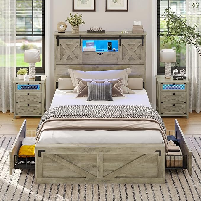Hasuit Farmhouse Bed Frame Twin XL Size with 2 Storage Drawers, Wooden Platform Twin XL Bed with LED Lights and Charging Station, Rustic Headboard with Sliding Barn Door Storage Cabinets (Rustic Oak)