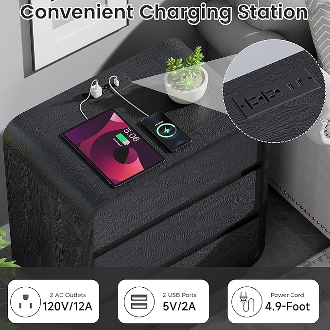 Black Curved Night Stand Set of 2 with Charging Station, 25" Tall Wood Bedside Table Nightstand with 3 Storage Drawers, Mid Century Modern End Table for Bedroom, Office