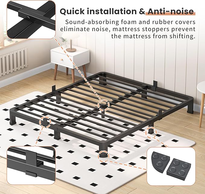 4 Inch Queen Heavy Duty 3500 lbs Bed Frame with Round-Corner Legs & Anti-Squeak Design – Quick Assembly Metal Platform, No Box Spring Needed