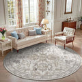 jinchan Round Rug 7ft Area Rug Vintage Floor Mat Kitchen Indoor Ultra-Thin Soft Floral Print Washable Circle 7' Accent for Farmhouse Non Slip Dining Room Living Room Bedroom Office Taupe