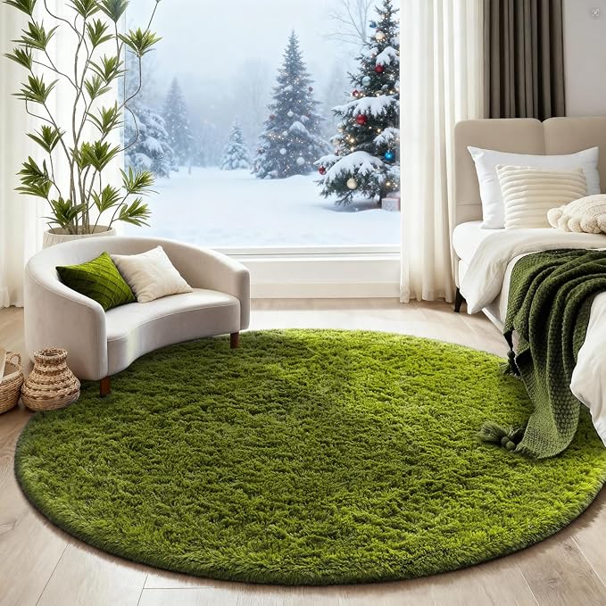 Ophanie Round Rug 6Ft Green Circle Area Rug, Green Room Decor, Fluffy Fuzzy Bedroom Carpet, Plush Soft Shaggy Living Room Rugs for Kids Home Decor Aesthetic, Nursery