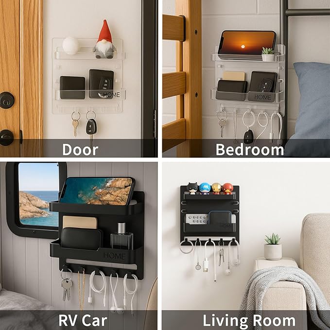 Bedside Wall Shelf Organizer with 5 Hooks & Cable Clips, Plastic Adhesive Wall Mount Storage Rack for Phone, Remote, Earphones, Kindle, Bedroom, Dorm, RV (Clear)