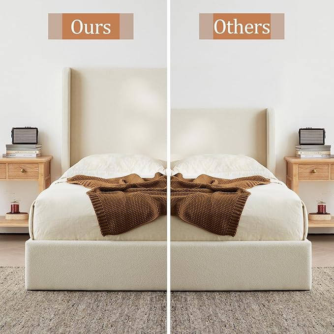 King Size Upholstered Bed Frame, 52.3" High Headboard Carmen Wingback Bed Frames, Tall Headboard Floor Platform Beds, No Box Spring Needed No Noise, Simplicity Minimalist, Beige Boucle