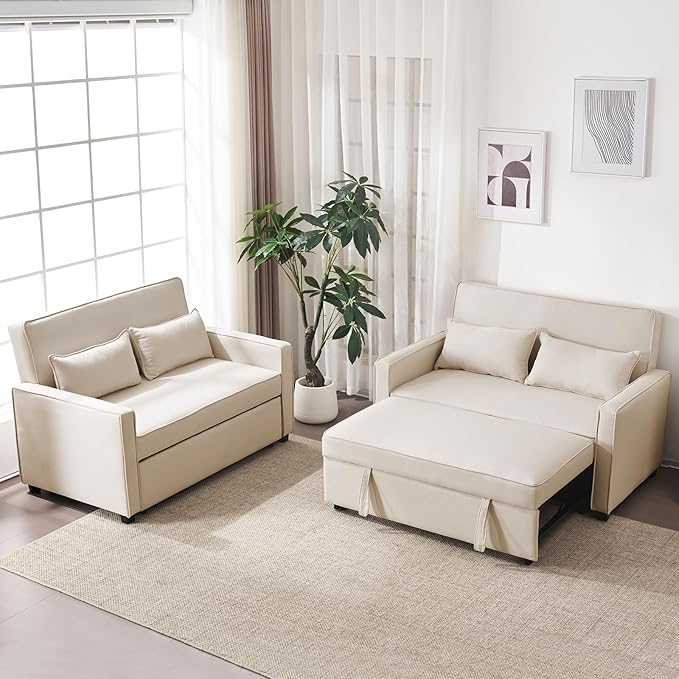 Furnimart 3-in-1 Convertible Sleeper Sofa with Pull-Out Bed, 53" Futon Couch Bed, Adjustable Backrest Loveseat for Small Spaces Beige