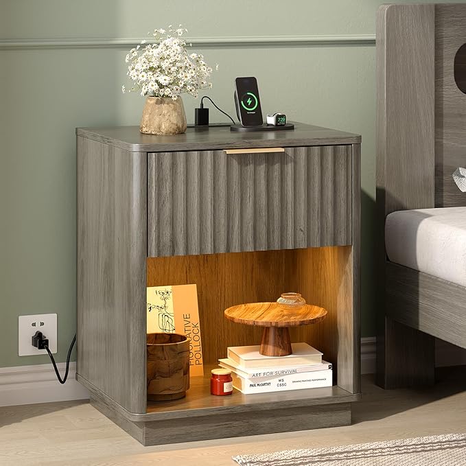 VINGLI Night Stands Set 2 with Charging Station, LED Nightstand Fluted with Rounded Edge, 19" W Mid Century Modern Nightstand for Bedroom, Fluted Night Stand/End Table/Bed Side Table, Grey