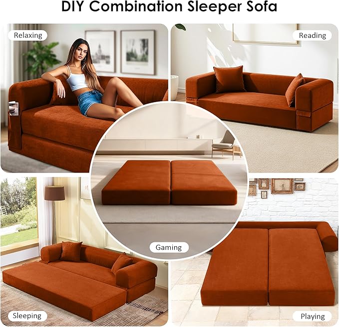 80" Convertible Sofa Bed, Corduroy Deep Seat Folding Pull Out Couch with Pillows, No Assembly Modern Boneless Couch Compression Sofa in Box, Floor Sofa with Storage Pocket for Living Room, Orange
