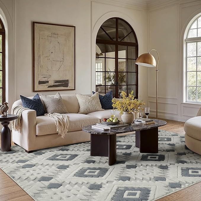 Ivory Grey 4x6 Area Rug Washable Moroccan Shag Office Carpet Non Slip Soft Neutral Boho Floor Mat Plush Pile Throw Rug for Entryway Kitchen Dining Room Bedroom Living Room