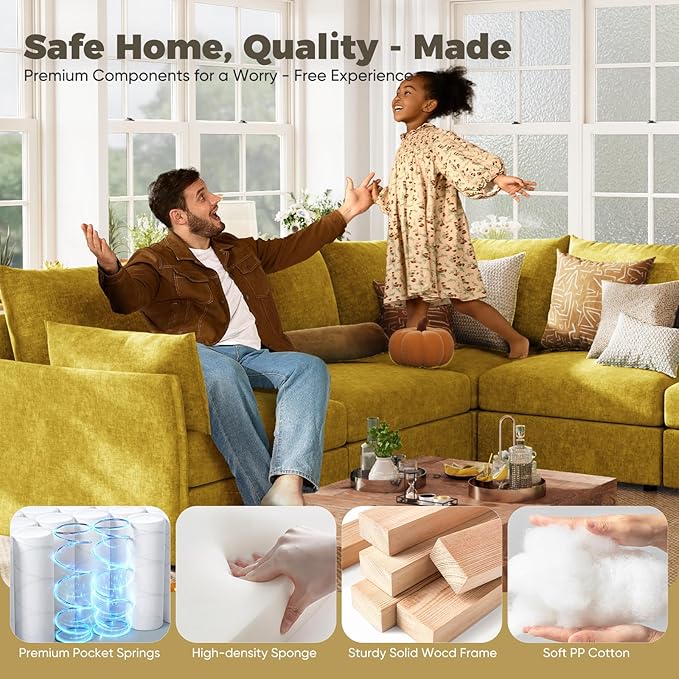 ABCASA Oversized Loveseat Sofa, Modern Modular Sectional Couch Yellow Fluffy Chenille Mid Century 2-Seat 24.5" Deep Seat for Apartment, Living Room, Bedroom