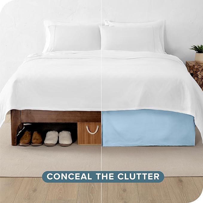 Bare Home Queen Bed Skirt - 15-Inch Tailored Drop Easy Fit - Bed Skirt for Beds - Center & Corner Pleats (Queen, Light Blue)