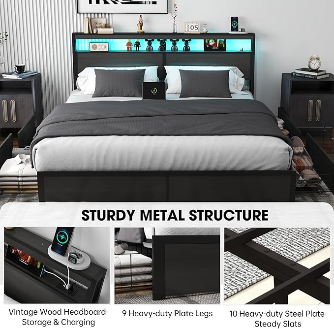 King Bed Frame with Storage Headboard and 4 Drawers, Metal Platform Bed Frame with LED Light, Charging Station, No Box Spring Needed, Noise Free, Easy Assembly,Charcoal Grey