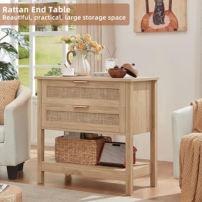 LEYAOYAO 31.5" Wide Rattan Night Stands Set 2, Oversized Large Boho Nightstand with 2 Drawer, Natural Wood Bed Side End Tables with Storage Shelf, Tall Bedside Table for Bedroom Living Room, Hallway