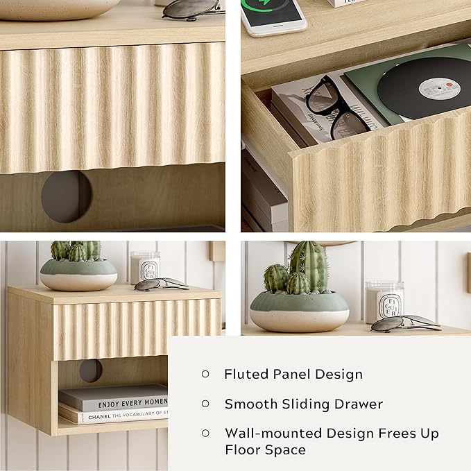 Floating TV Stands Set of 4 with Drawer and Open Shelf, Small Wall Mounted Bedside End Table, Modern Fluted Night Stand for Bedroom, Living Room, Light Oak